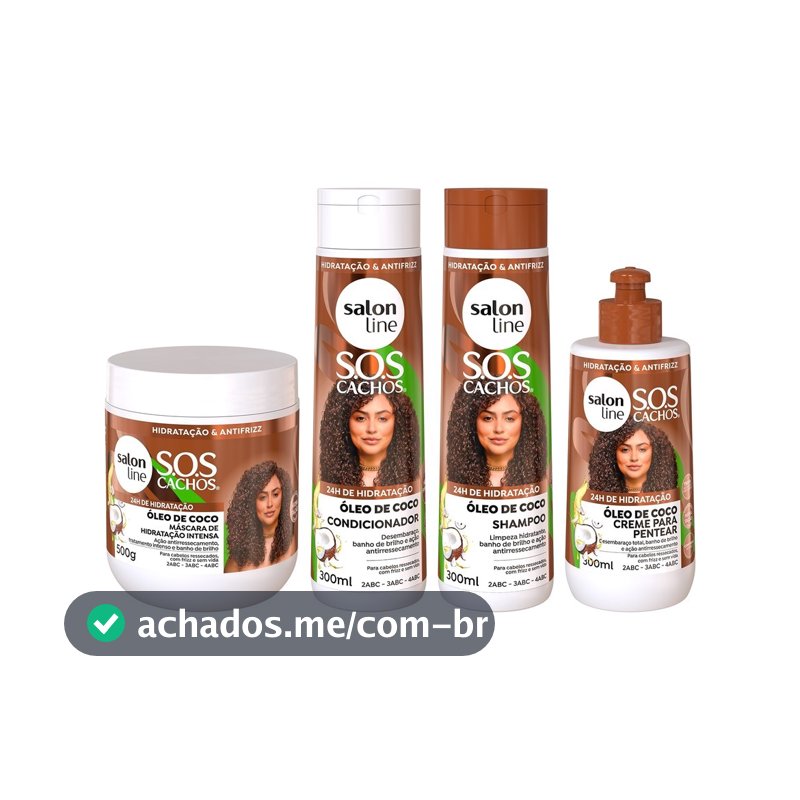 Kit SOS Cachos Coco Shampoo + Condicionador + Creme de Pentear + Máscara Salon Line