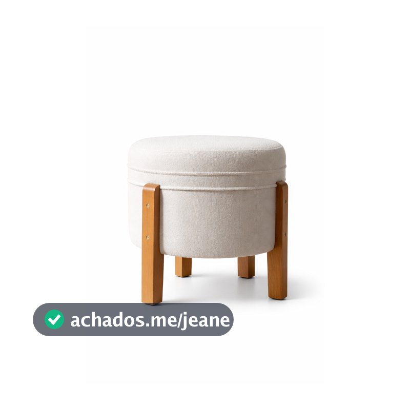 Puff Confortável Sofisticado Helena Tecido Bouclê Off White Pés Madeira Cor Imbuia Para Sala Estar Quarto - Av