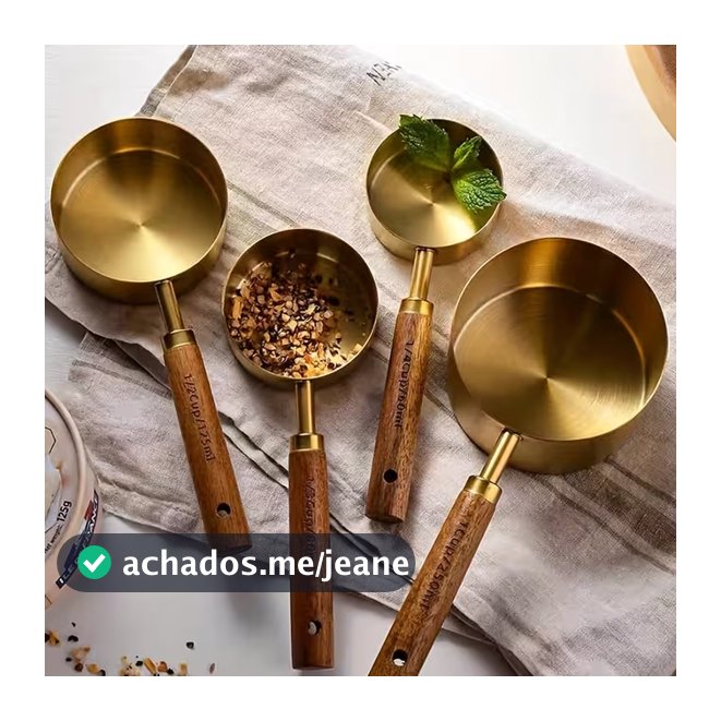 Kit 4 Colheres Medidoras de Aço Inoxidável com Cabo de Madeira – Dourado Luxo para Cozinha Moderna