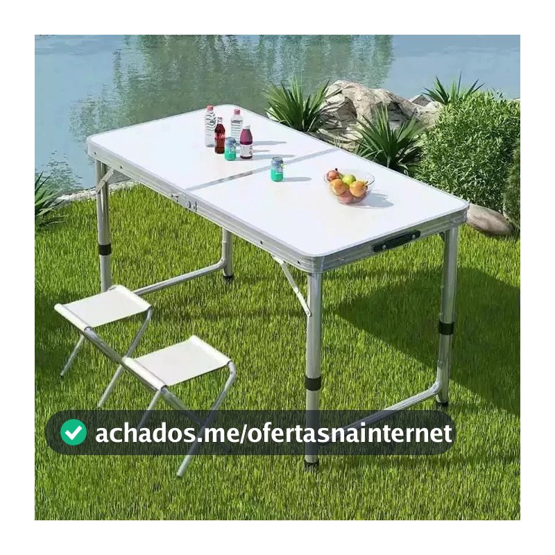Kit Mesa Dobrável Portátil Vira Maleta Camping Churrasco 90X60cm com 2 Banquinhos Dobráveis Brancos