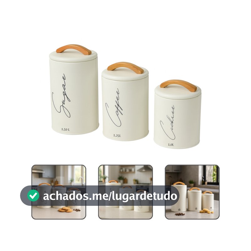 Kit 3 Potes Herméticos Mantimentos Lata Com Tampa E Alça Em Bambu Açúcar Café E Cookies