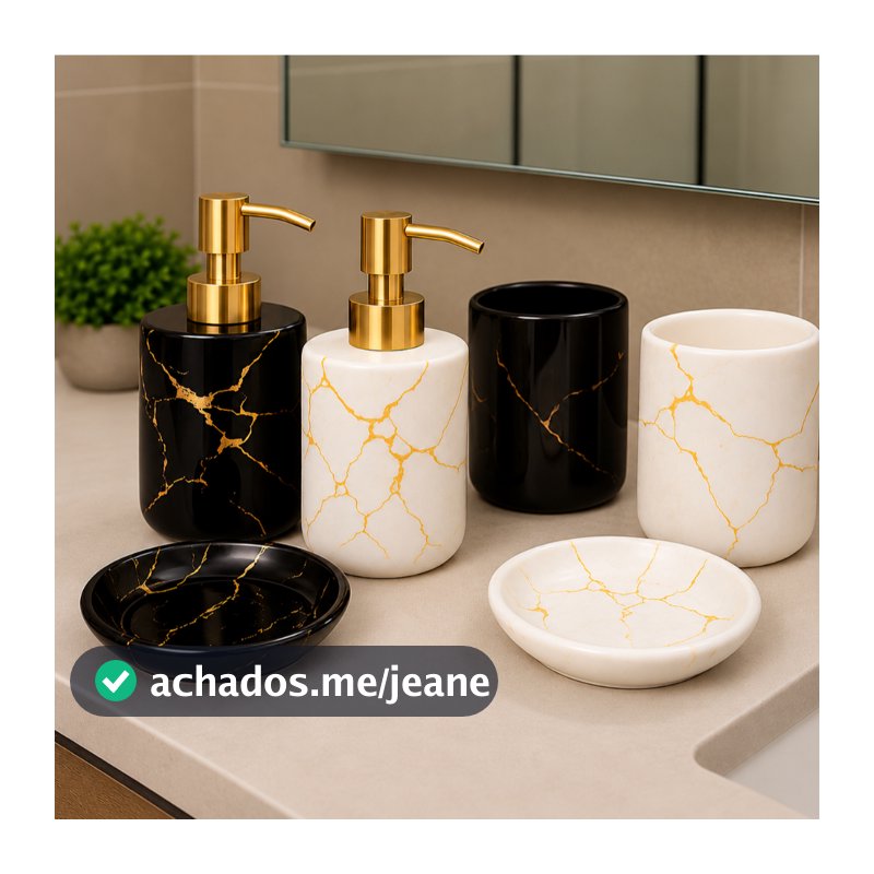Kit Banheiro 3 peças Cerâmica - Mármore (Branco ou Preto) Porta Sabonete Escova de dentes -Decoração - Casa