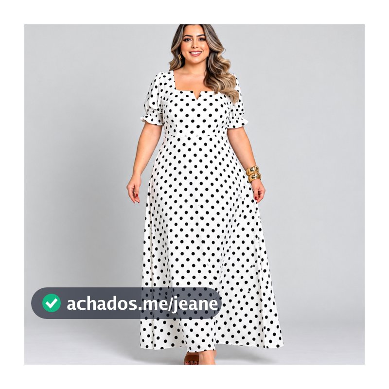 Vestido Longo Feminino Plus Size Poá Manga Princesa Tamanho Único Veste 46 ao 50