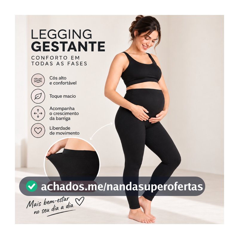 Calça Legging Gestante Maternidade Gravida Preto Cós Alto Confortável Gestação Feminina Plus Size