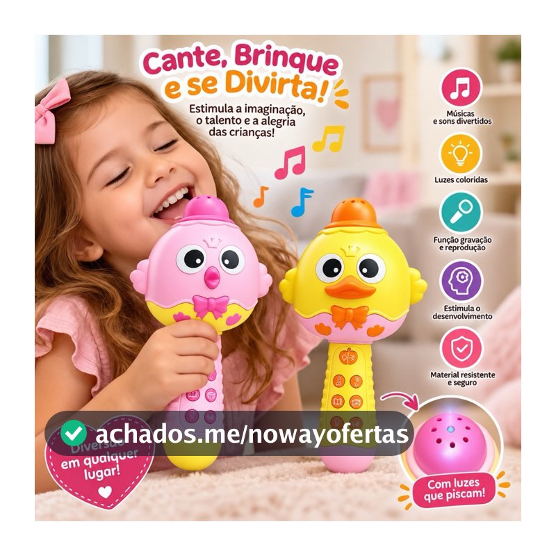 Microfone Infantil Karaokê Bluetooth Musical Patinho com Luzes Sons Vozes Histórias e Músicas Brinquedo Menina