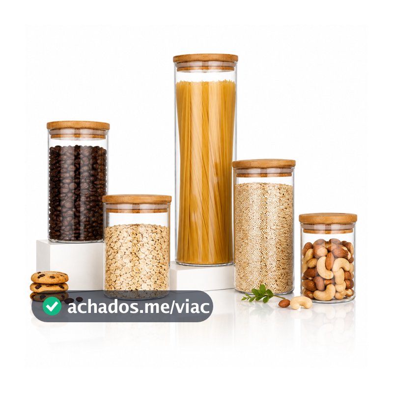 Kit Potes Mantimentos Vidro Herméticos Com Tampa Bambu Alta Resistência Epsilon Transparente