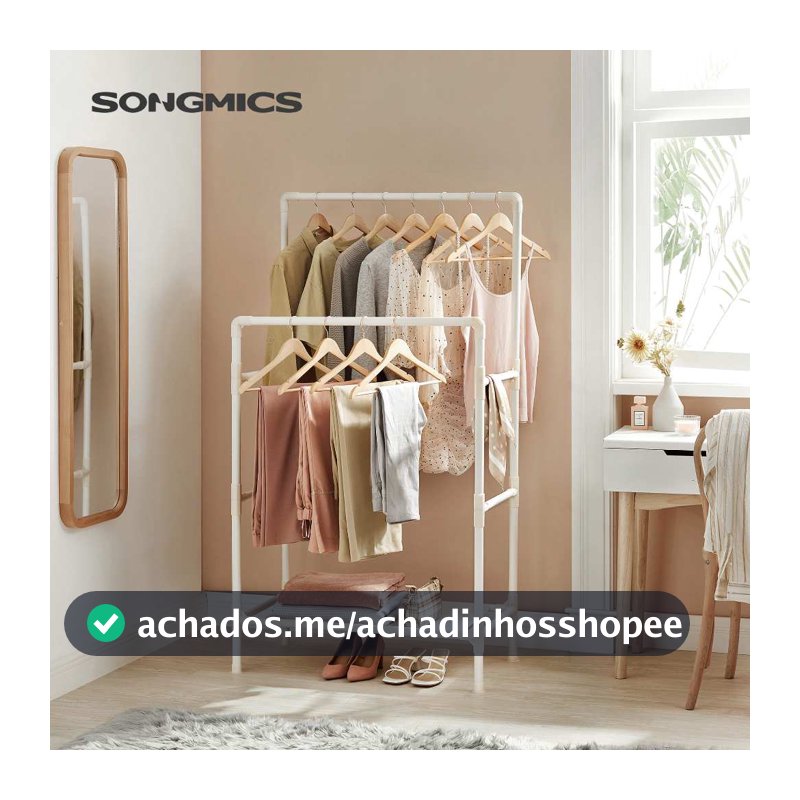 SONGMICS Cabideiro de Metal com 2 Varões, Estante para Roupas, Suporte até 55 kg, Fácil Montagem, Branco