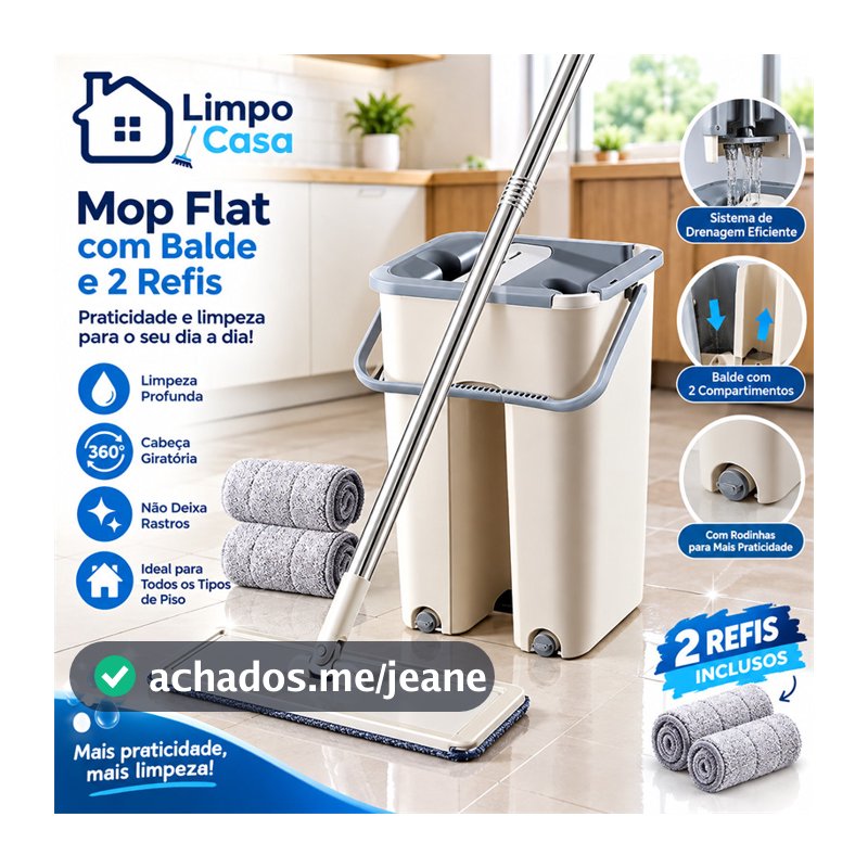 Mop Flat Balde 6 litros Com 2 Refis Com Cabo Extensivel Inox，Lavagem e remoção de poeira