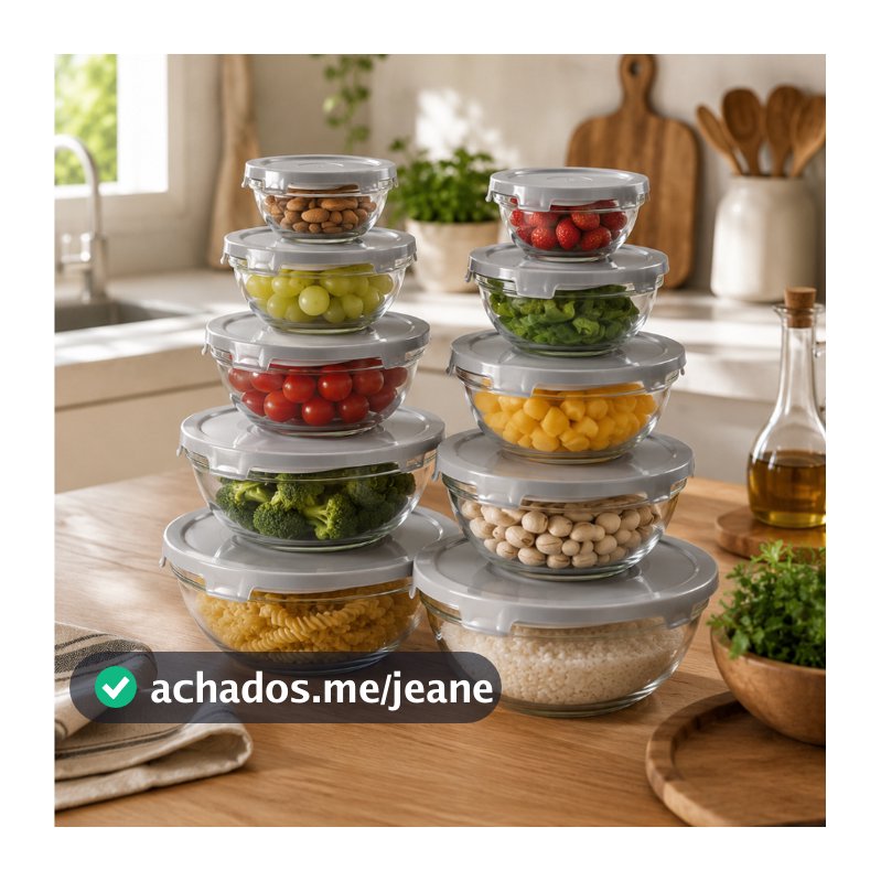 Jogo 10 Potes De Vidro Com Tampa Tigela Redondo Bowls Cozinha Hermético Resistente Vermelho Cinza Misto