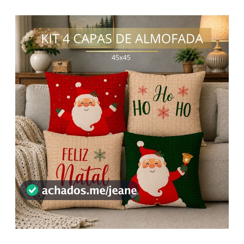Kit com 4 Capas para Almofadas Natalinas Decoração Natal Papai Noel Ho Ho Ho 45x45 cm