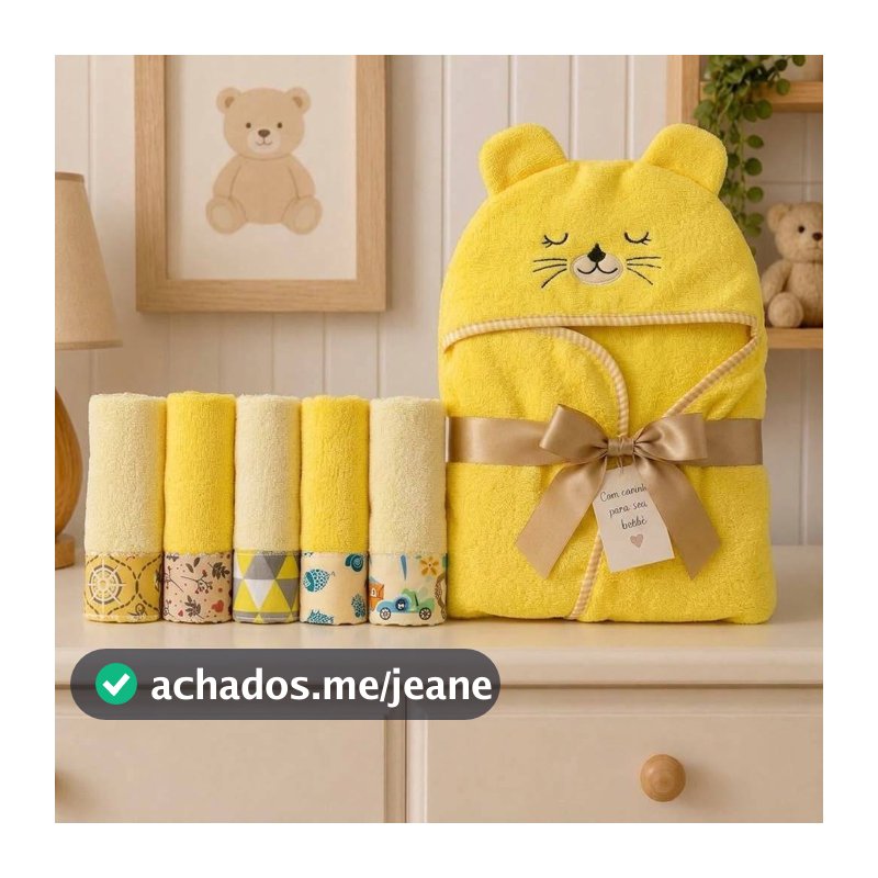 Kit Banho Bebê 6 Peças 1 Toalha Carinha Bordada E 5 Toalhinhas Ombro Overlocadas