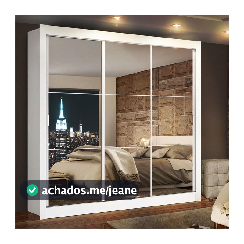 Guarda Roupa Casal Madesa Lyon 3 Portas de Correr de Espelho 2 Gavetas - Branco