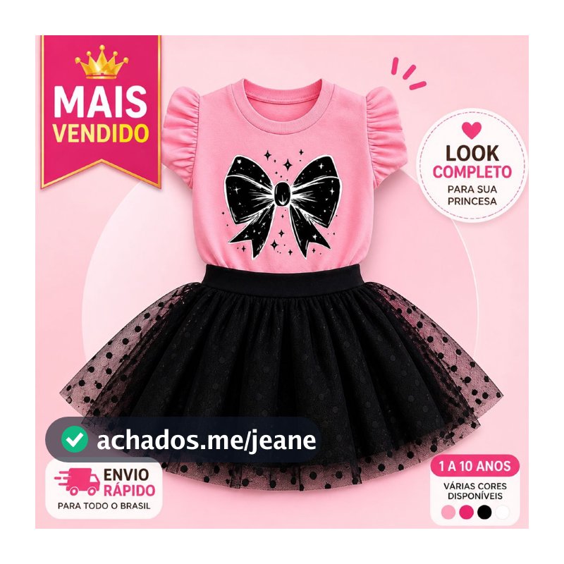 Conjunto Infantil Menina Blusa Laço Rosa + Short Saia Tule  – Look Fashion Primavera Verão