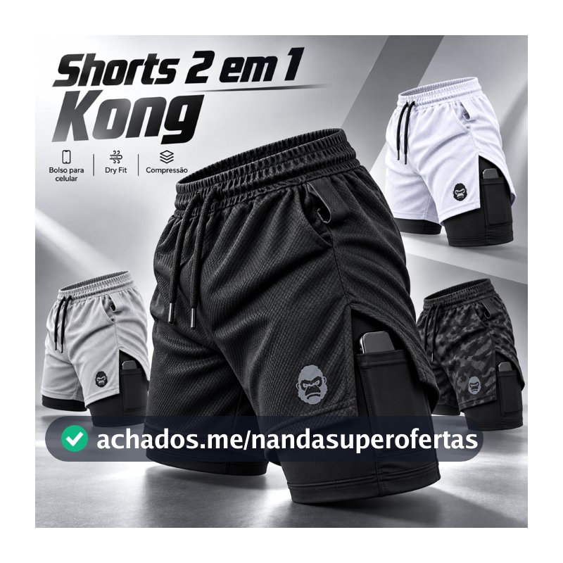 Shorts Masculino 2 em 1 Dry Fit Academia Corrida Bermuda de Compressão com Bolso Celular Kong