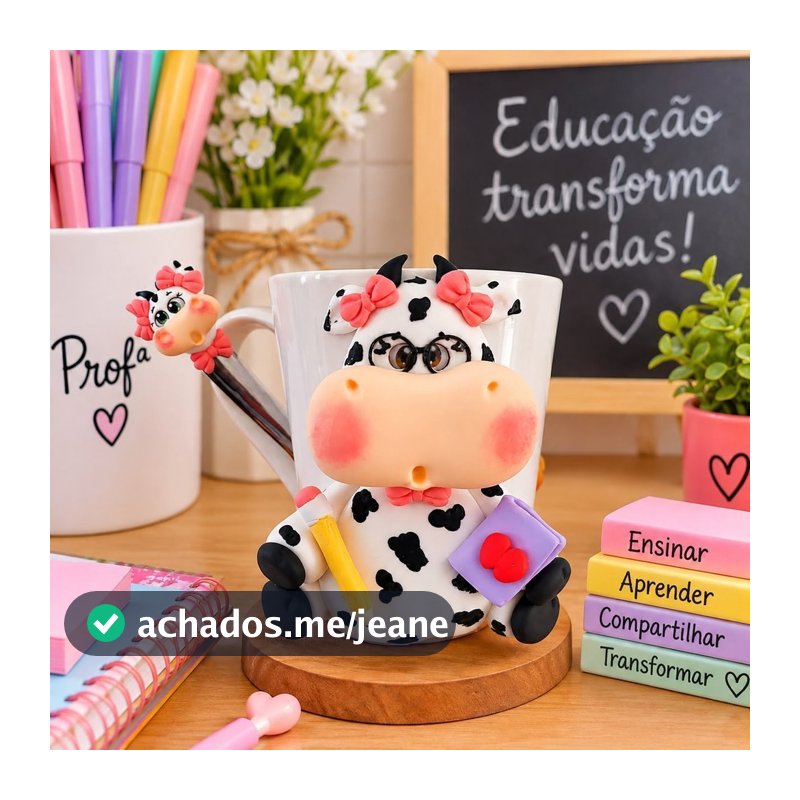 Caneca Professora Vaquinha Porcelana 250ml com Colher Caneca Decorada para Café Lembrancinha