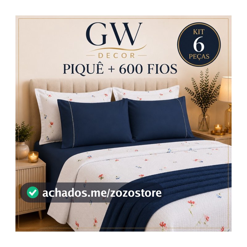 Kit 6 Peças Piquê + 600 Fios Jogo de Cama Macio e Sofisticado Casal Queen e King