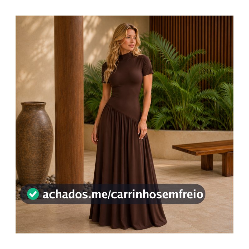 Vestido Longo Feminino De manga Gola Alta Soltinho Assimétrico Elegante Confortável