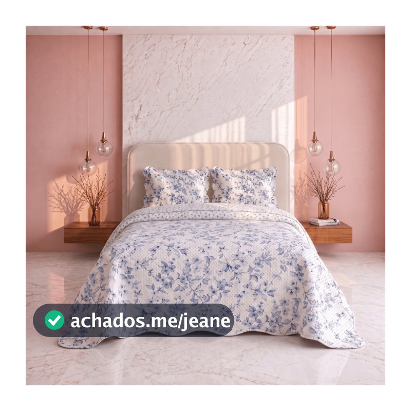 Kit Colcha Cobre Leito Casal Boutis Floral Dupla Face 3 Peças Estampada Matelado Microfibra Fronha