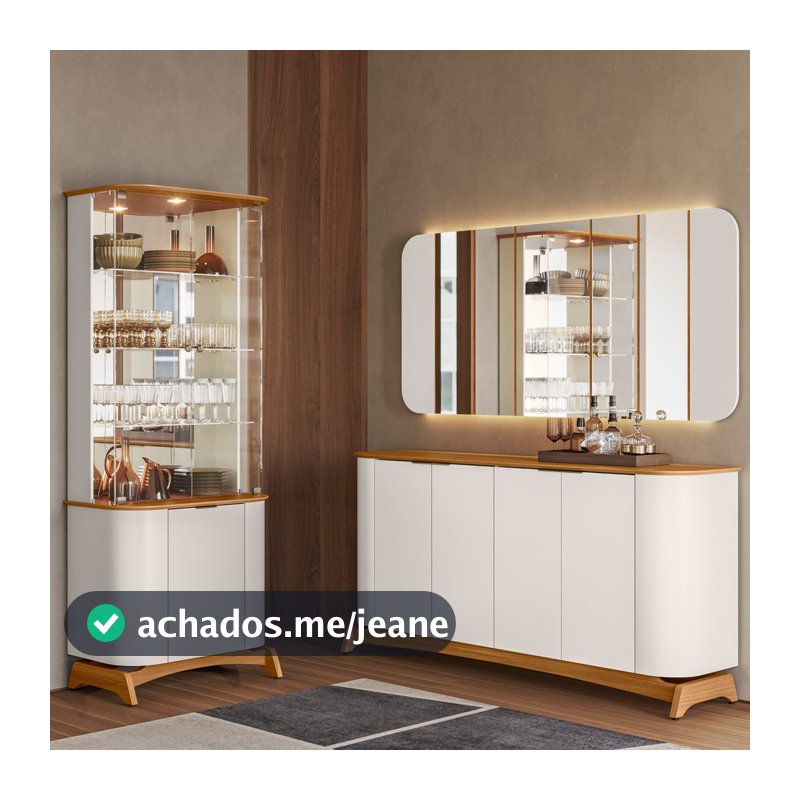 Kit Aparador Buffet com Cristaleira e Espelho Verbena N01 Off White Ypê - Lyam Decor