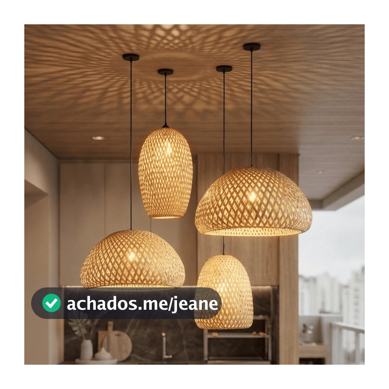 Kit 4 Lustres Bambu Rústico Pendente Iluminação Decorativa Sala Varanda Gourmet E27 Bivolt