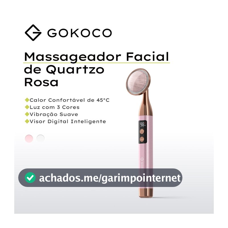 GOKOCO Massageador Facial Elétrico Quartzo Rosa com 3 Cores LED, Vibração, Aquecimento 45°C e Display Digital