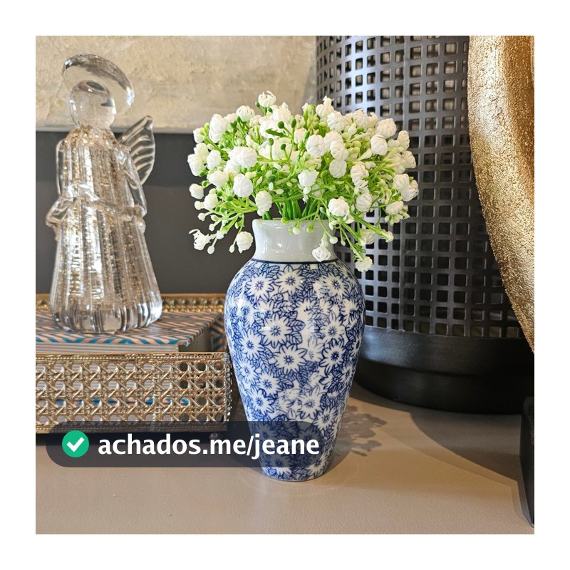 Vaso Decorativo Porcelana Azul E Branco Floral Pequeno Para Flores Arranjos Mesa Aparador Sala Decoração