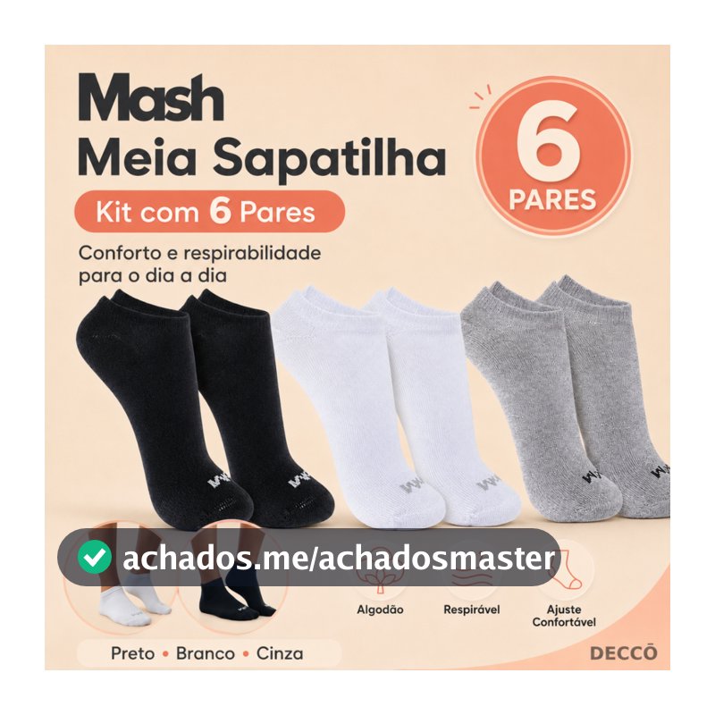 Kit Com 6 Pares de Meias Sport Mash Cano Curto em Algodao Unissex Para Corrida Caminhada