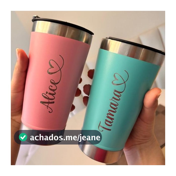 Copo Térmico PERSONALIZADO 473mL com NOME coração várias cores vem COM TAMPA gravação a laser logo