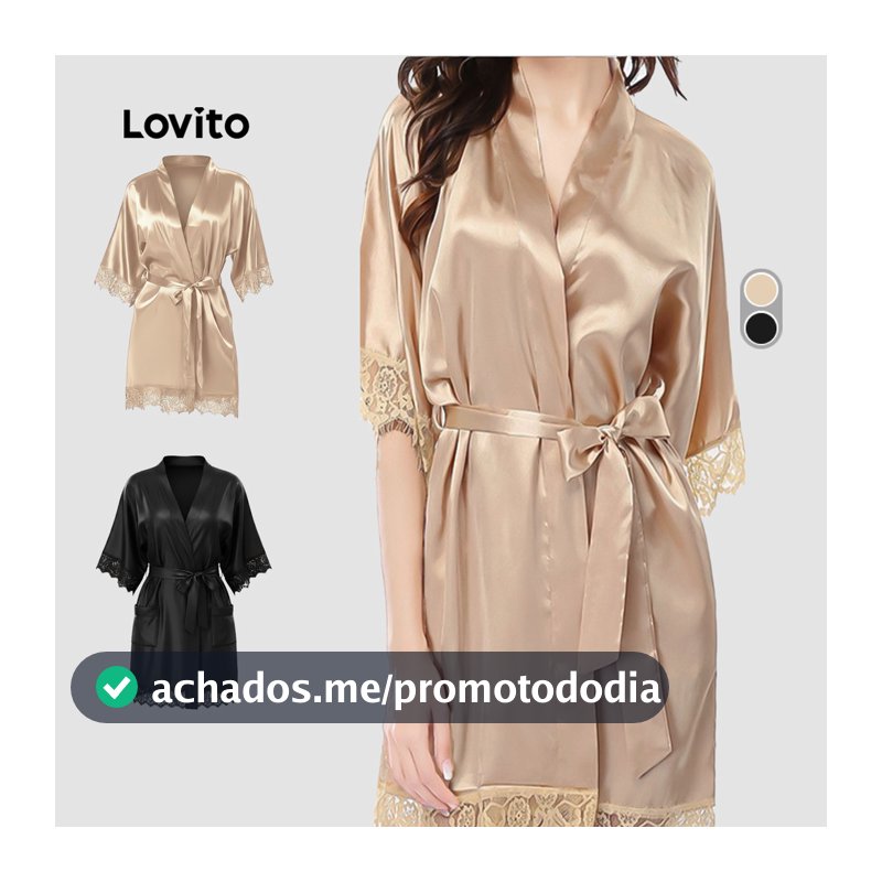 Lovito Robe Casual Cetim Seda Gelada Fresco Sensual Amarração Frontal De Renda Loungewear Feminino Bordado LNE143074
