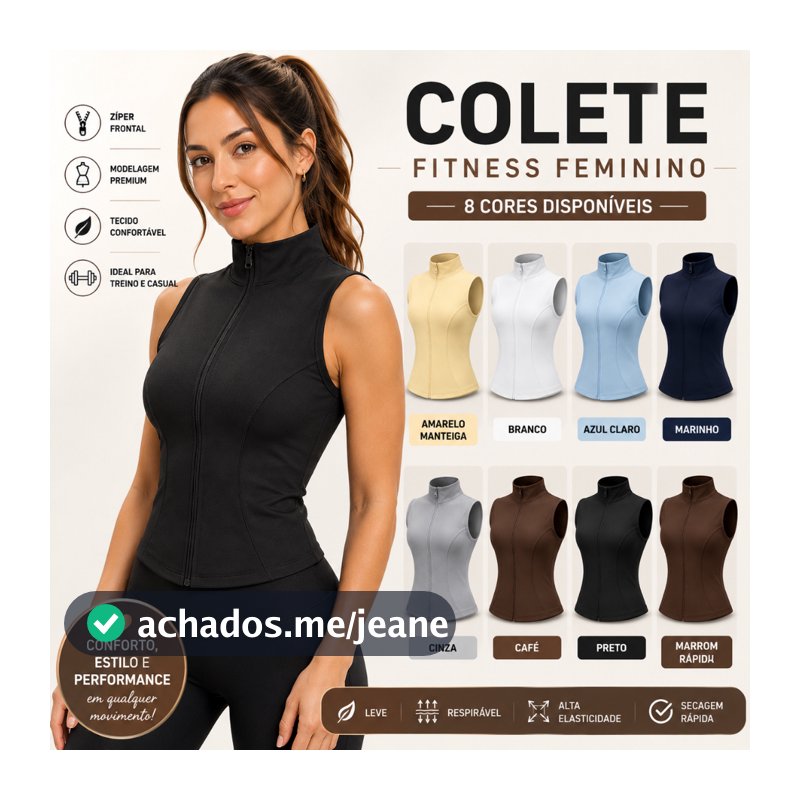 Colete Fitness Feminino Premium Com Zíper Regata Academia Casual