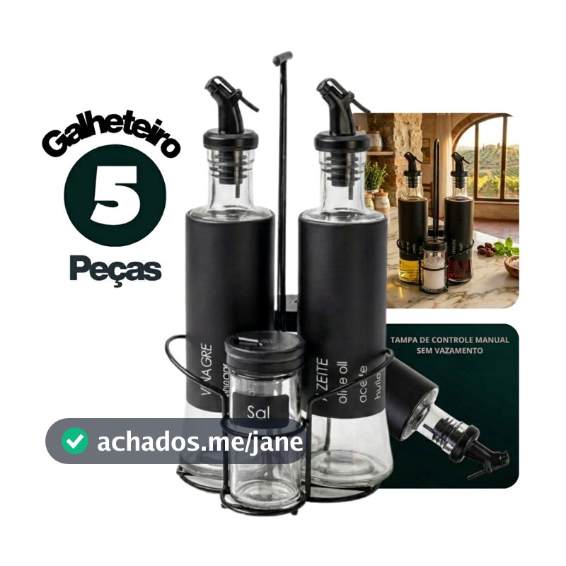 Kit 5 Peças Galheteiro Vidro GRANDE 300ml + Porta Condimentos 85ml c/ Suporte e Dosador