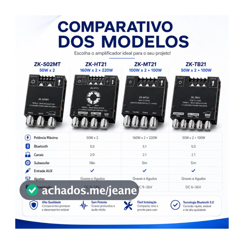Amplificador Bluetooth 5.0 ZK-TB21 ZK-502MT ZK-HT21 ZK-MT21 Placa Amplificadora 2.1CH Potência Subwoofer Classe D