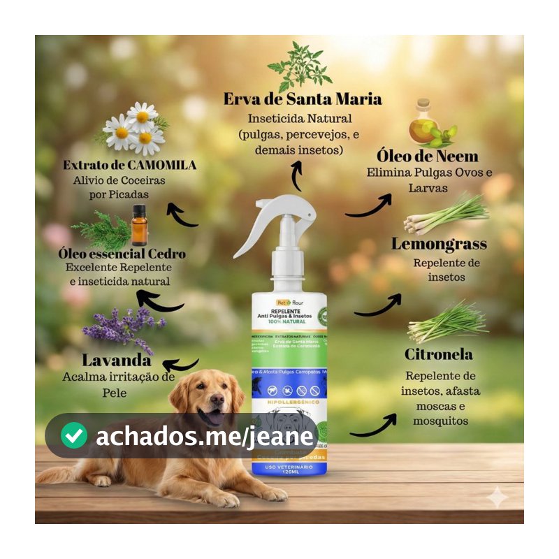 Repelente Natural para Cães e Gatos – Proteção Contra Pulgas, Carrapatos e Moscas Varejeiras 120ML