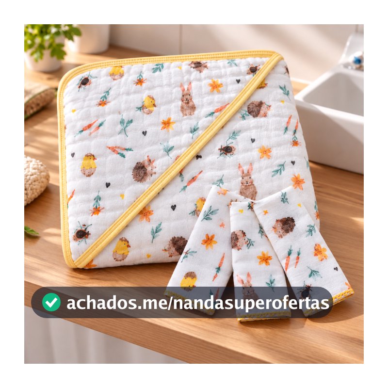 Kit 1 Toalha Banho Soft Bebe Capuz Fralda Grossa + 3 paninhos boca 100% Algodão Menino Menina
