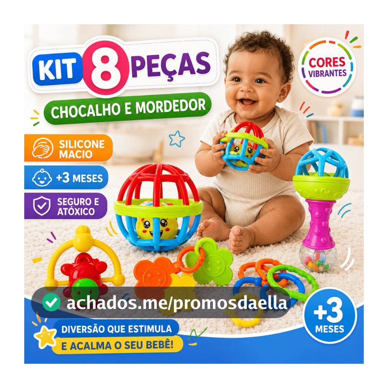 Kit Brinquedo Bebê 8 Peças Chocalho Mordedor Silicone Macio Bola Sensorial Colorido Menina Menino
