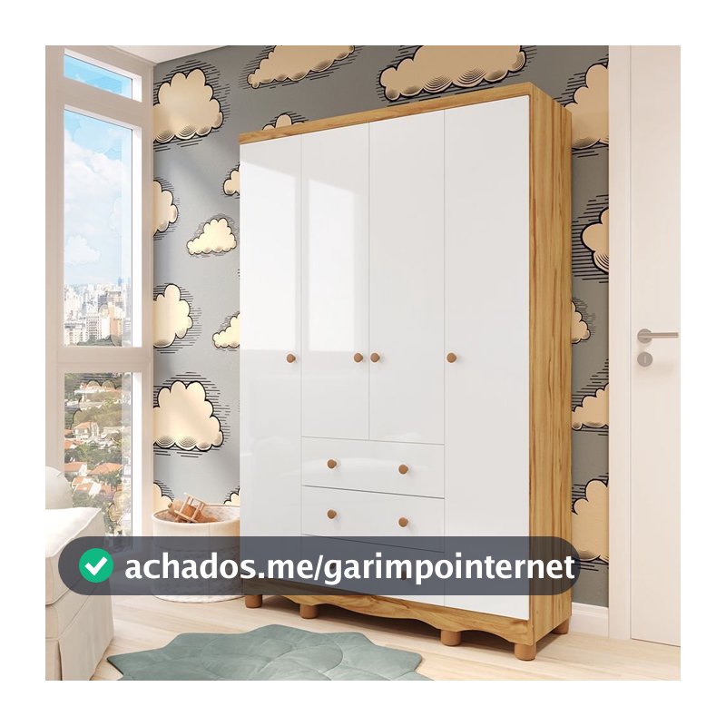 Guarda-Roupa Infantil 4 Portas e 3 Gavetas 100% MDF Mimo Branco Brilho/Amêndoa Branco Brilho/Amêndoa