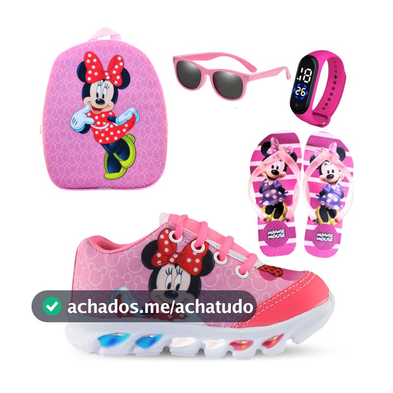 Tênis Infantil Feminino Minnie mais Chinelo Com Mochila Relógio e Oculos presente natal