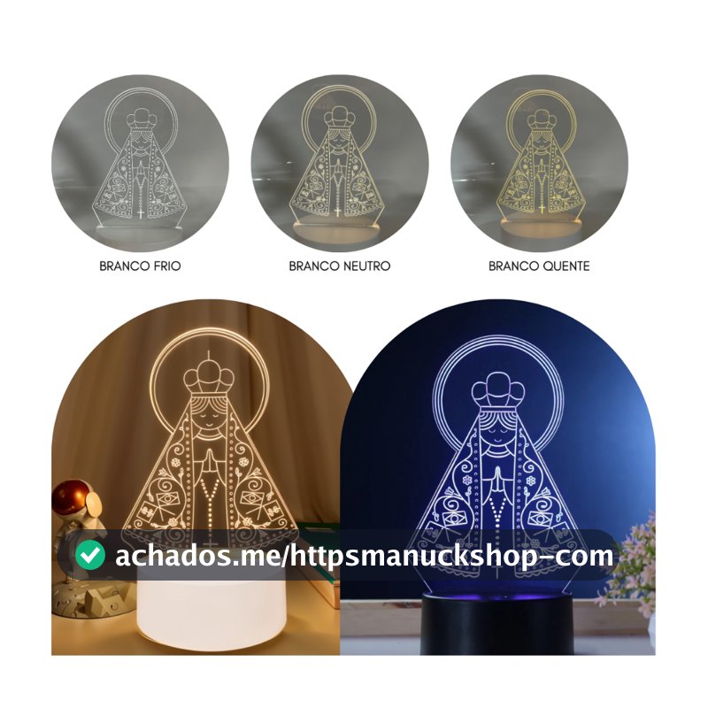 Luminária Abajur De MesaTomada Led 3d Nossa Senhora Aparecida Base Branca e Preto