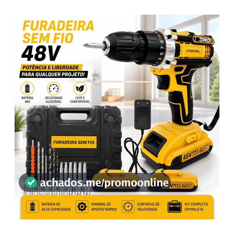 Parafusadeira Furadeira 48V Sem Fio com 2 OU 1 Bateria, Acessórios Completos e Maleta de Transporte OU caixa de papelão