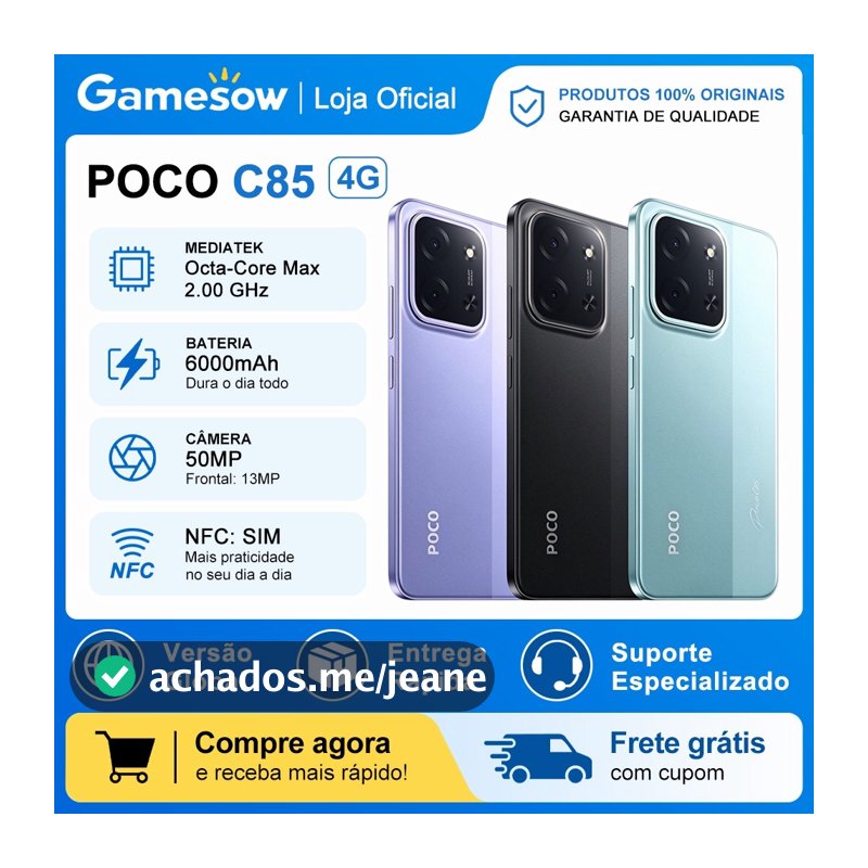 Xiaomi POCO C85 4G (Versão Global) Android 15 NFC Tela 6.9” 120Hz Bateria 6000mAh Carga Rápida (Versão Global)