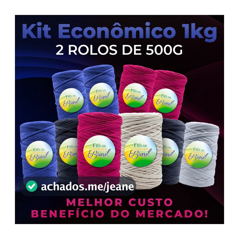 [CAMPEÃO DE VENDAS] Kit 2 Rolos de 500g Fio de Malha Brasil - Cores Básicas - Preto, Azul Marinho, Off White, Branco