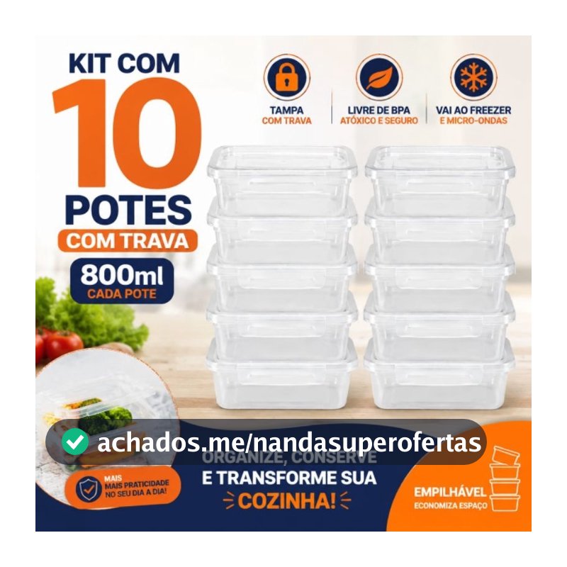 Kit 10 Potes com Trava Hermética Tampa para Mantimentos Organizador Cozinha BPA Free