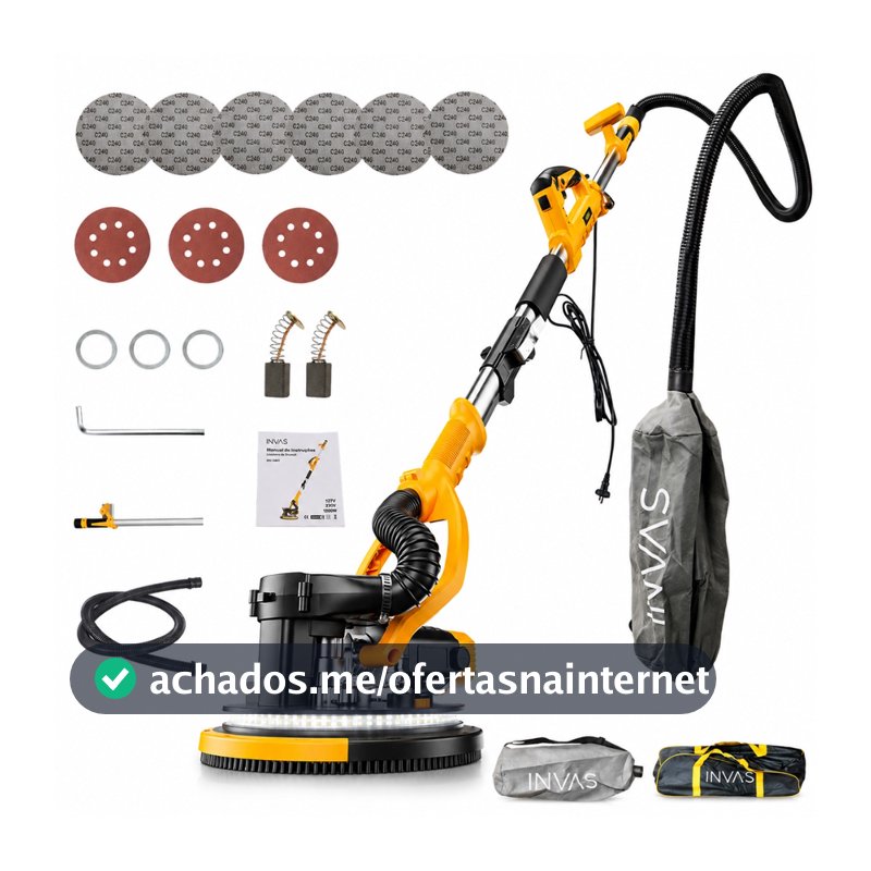 Lixadeira Parede Teto Pisos Drywall Elétrica Telescópica 1200W 7 Velocidades Sem Poeira Com Luz e Saco Coletor 9 Lixas