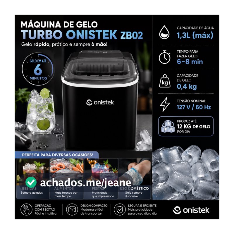 MÁQUINA DE GELO TURBO ONISTEK ZB02 – 12 KG/DIA | 1,3 L | GELO EM ATÉ 6 MINUTOS | 110v PRETO CUBOS