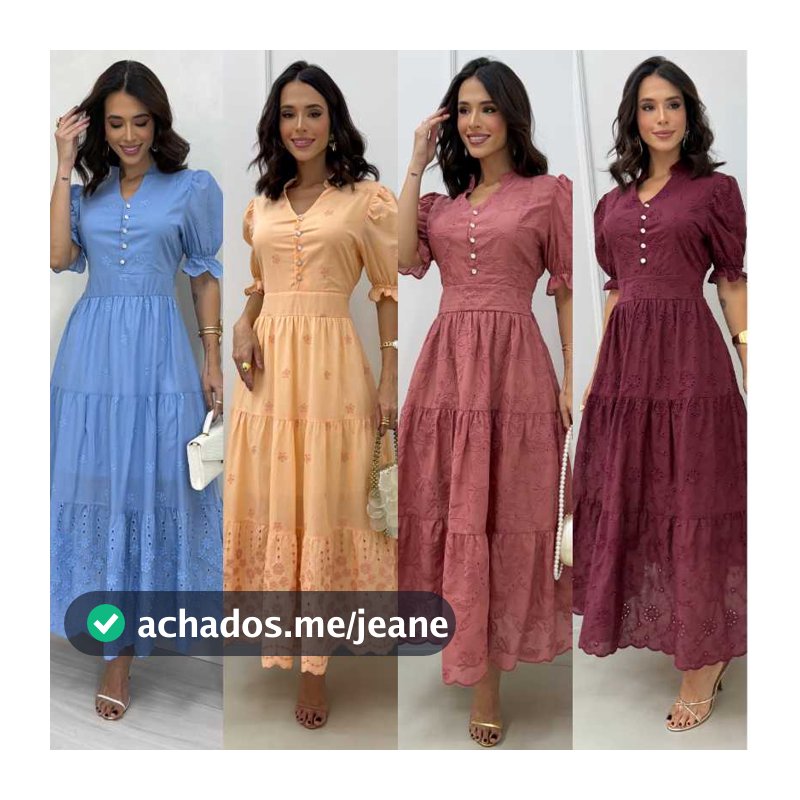 Vestido Femenino Midi Lese Bordado 3D Manga Princesa Com Botão Funcional