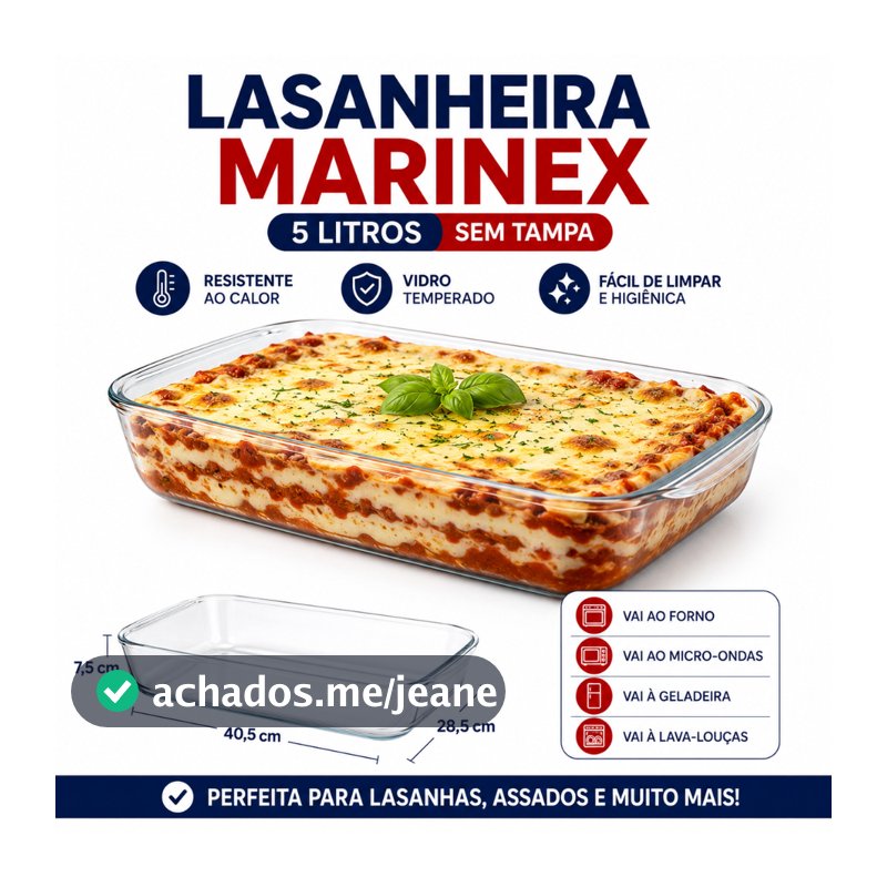 Lasanheira de Vidro Marinex 5 Litros Assadeira de Vidro Pirex Retangular Grande para Forno Cozinha