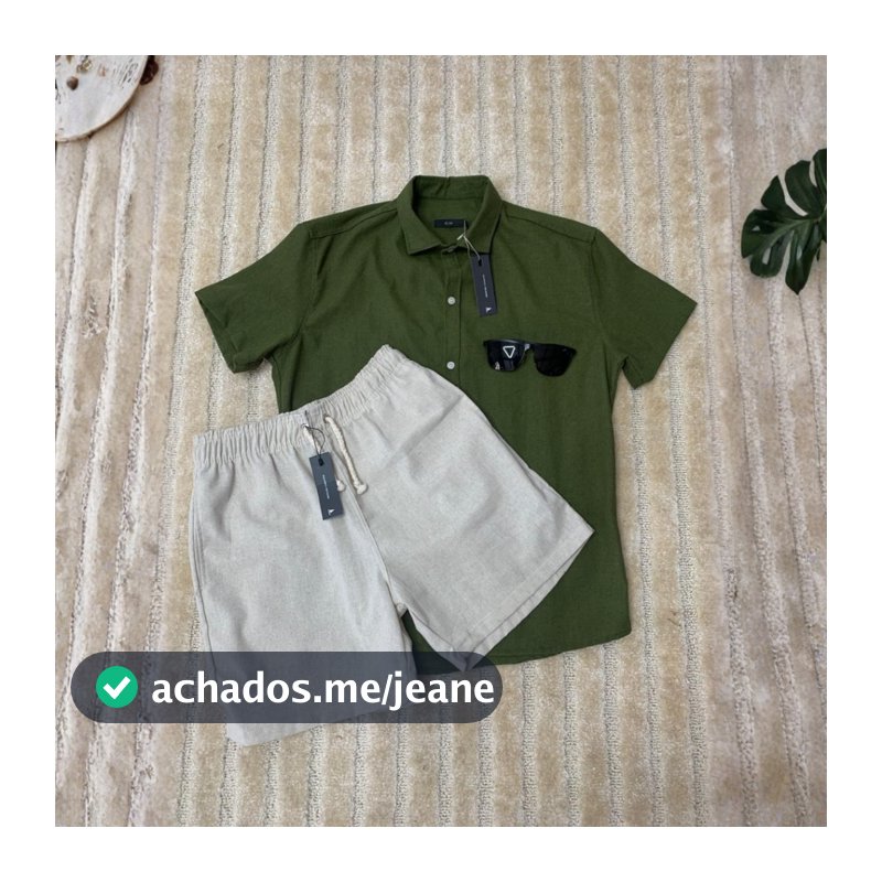Kit Camisa + Bermuda Masculino Linho Manga Curta Social Casual Slim Fit Verão Elegante