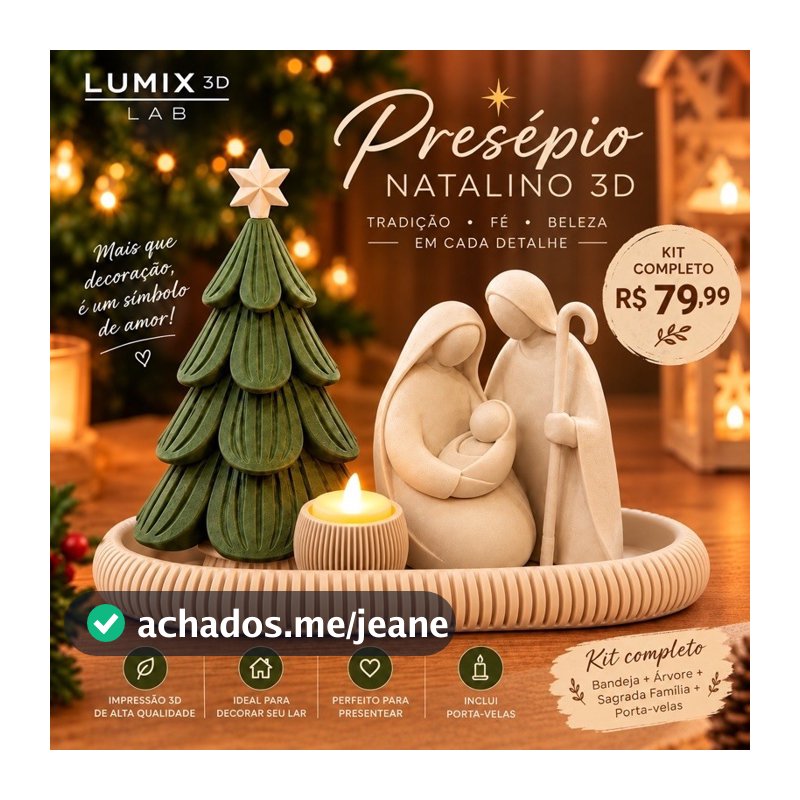Presépio de Natal 3D Sagrada Família com Bandeja, Árvore de Natal e Porta-Velas com Vela LED Grátis