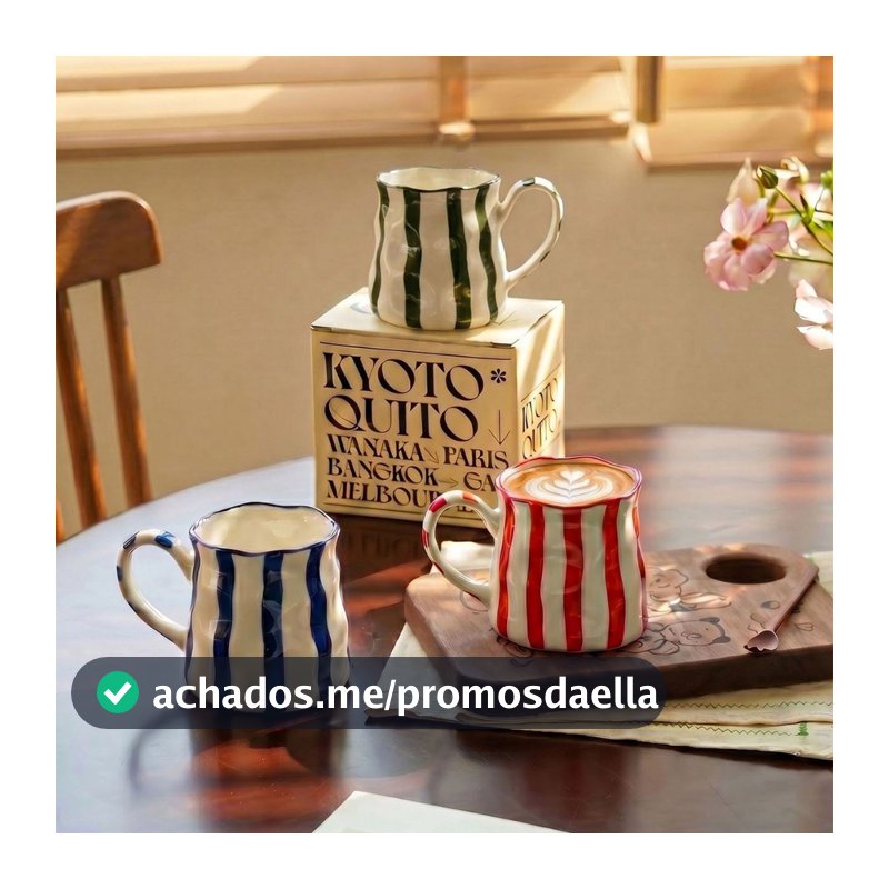 Caneca De Cerâmica Retrô Pintada À Mão Com Listras – Copo Moderno Para Casa E Escritório