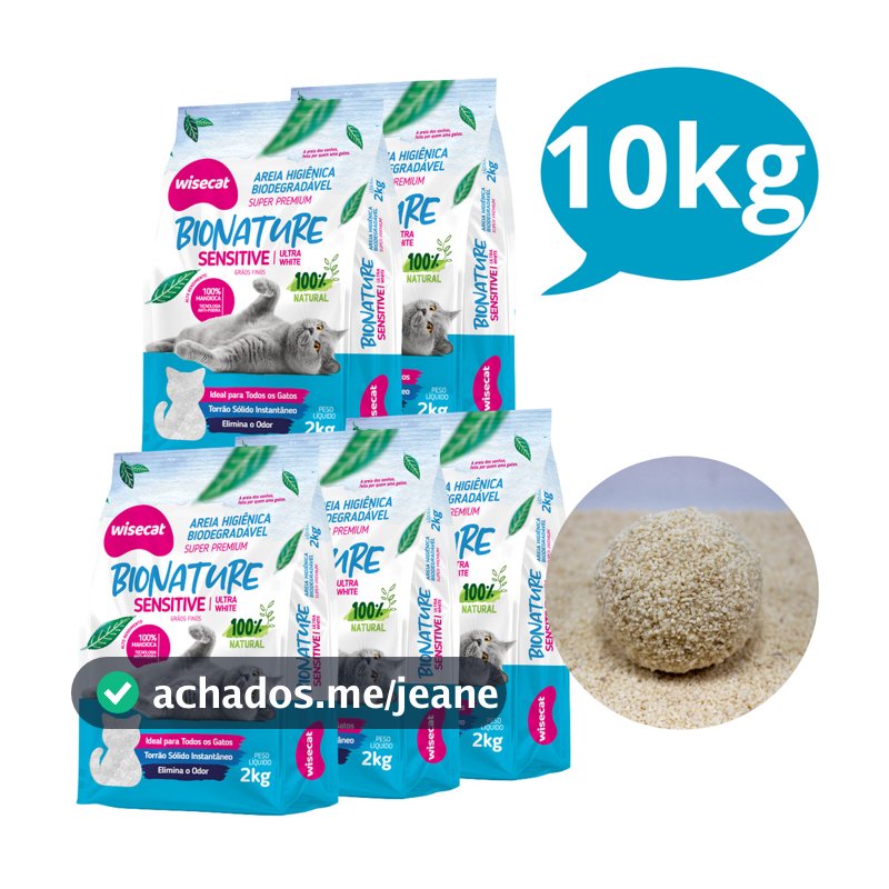 Kit 5 Areia Sanitária Higiênica pra Gatos Natural Vegetal Mandioca Sensitive Grãos Finos Wisecat 2KG